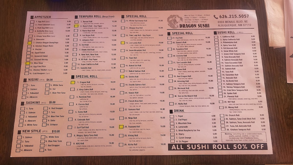 Dragon Sushi Menu - Image 1